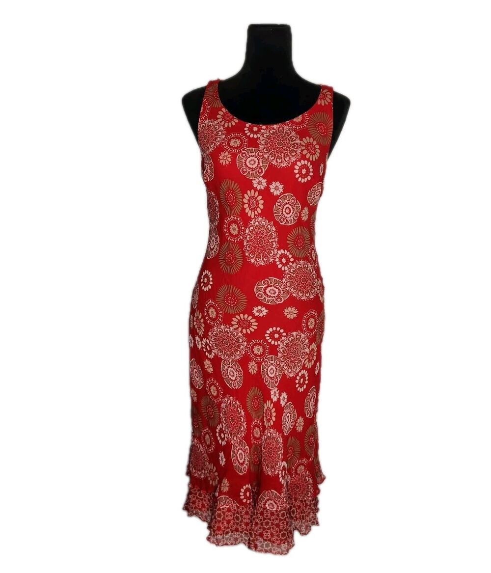 Signature by Robbie Bee Vtg Y2K Silk Tiered Midi Dress Red Floral Women's 10